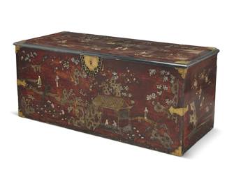 358 A chinoiserie lacquered inlaid wood chest Likely European with possible Chinese 17th/18th century elements With later brass mounts, inlaid with abalone mother of pearl, depicting men on horseback and rural scenes, opening to reveal a later red lacquered interior Height 24 3/4 in., width 56 1/2 in., depth 23 in. Estimate: $3,000 - $5,000