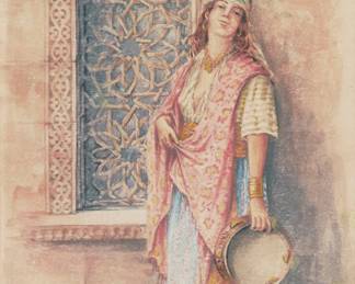 293 Vardges Surenyants (1860-1921) Woman with a tambourine, 1890 Watercolor on paper Signed and dated in Armenian lower right: V. Surenyants 90 Sight: 10 1/2 x 6 3/4 in. Estimate: $800 - $1,200