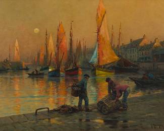 352 Georges Maroniez (1865-1933) "Port De Peche Au Crepuscule" Oil on canvas laid to board Signed lower right: G. Maroniez; titled by repute 16 x 20 in. Estimate: $1,500 - $2,500
