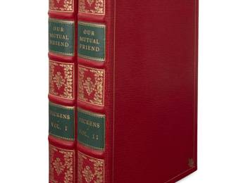 310 Charles Dickens (1812-1870) "Our Mutual Friend," 1865 (in two volumes) Hardcover books Dicken, Charles. "Our Mutual Friend." Illustrated by Marcus Stone. London: Chapman and Hall, 1865 First Edition in book form The octavos each in later full red leather binding with gilt-stamped border and embossed spine, the upper page edges gilt, with 40 engraved plates, including original blue wrappers and advertisements as issued from the 19-as-20 serialized publications bound in at the ends of both volumes, also with the post-script at the end of volume II, but without the rare errata slip to the reader of volume I 2 pieces Height of each 8 7/8 in., width 6 in., total depth 3 1/4 in. Estimate: $800 - $1,200