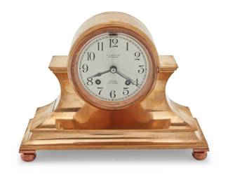 335 A Chelsea tambour ships clock Early 20th century The two-movement clock with ships bell mechanism and silvered metal dial bearing Roman numerals, in a glazed brass case Dial marked: J. R. REED & CO. / PITTSBURG / CHELSEA / SHIP'S BELL; impressed to underside: 144130 Height 7 3/4 in., width 10 1/2 in., depth 4 3/8 in. Estimate: $800 - $1,200