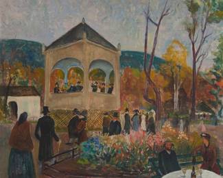 353 Ola Abrahamson (1883-1980) Group of people in a courtyard Oil on canvas Signed lower right: Ola Abrahamson 25 x 27 1/2 in. Estimate: $800 - $1,200