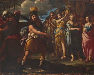 74 In the style of Giovanni Francesco Barbieri ("Il Guercino") (1591-1666) David holding Goliath's severed head Oil on canvas laid to canvas Appears unsigned; inscribed "2" in another hand in black ink on the stretcher 51 1/4 x 67 1/2 in. Estimate: $4,000 - $6,000