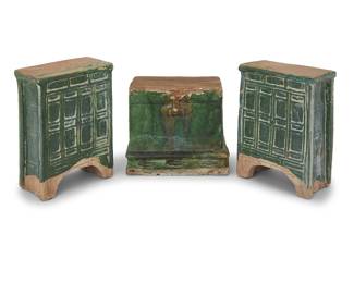 110 A group of three Chinese green glazed ceramic money chests Ming dynasty (1368-1644) Comprising a pair and a single 3 pieces Height of pair 7 1/8 in., width 5 1/4 in., depth 3 in.; height of single 5 5/8 in., width 6 3/8 in., depth 4 1/4 in. Estimate: $500 - $700