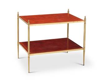 316 A Regency style brass and leather two tier side table Third quarter 20th century The leather with gilt-stamped trimming Height 24 in., width 27 in., depth 20 in. Estimate: $700 - $900