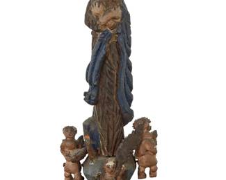 99 A polychrome carved wood figure of the Madonna and child 14th/15th century or later With putti depicted at base Height 14 in., width 5 1/8 in., depth 4 3/8 in. Estimate: $600 - $800