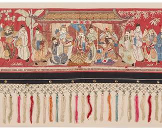 63 A Chinese embroidered red silk valance hanging Late Qing dynasty (circa 1839-1912) or later The wide valance-style textile worked on red silk fabric with elaborate polychrome silk and gilt wrapped thread embroidery, depicting several figures within a pavilion, flanked by multiple additional figures in various styles of clothing, two figures mounted on horses, and all surrounded by alternating branching trees, the lower edge with a wide knotted fringe with polychrome tassels and silver metal disc accents; the hanging professionally mounted in a custom acrylic frame 15 1/2 in. x 5 ft. 11 3/4 in.; Overall height including tassels 23 1/4 in. Estimate: $800 - $1,200