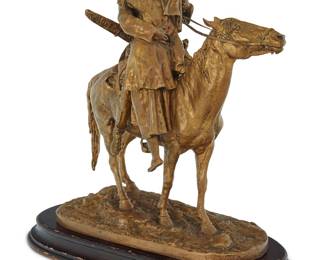 345 Evgeny Aleksandrovich Lanceray (1848-1886) "The Farewell Kiss" Gilt-bronze on wood plinth Signed in the casting in Cyrillic Height of bronze 15 3/4 in., width 14 in., depth 7 in.; height of plinth 1 1/2 in., width 17 1/4 in., depth 8 1/2 in. Estimate: $2,000 - $3,000