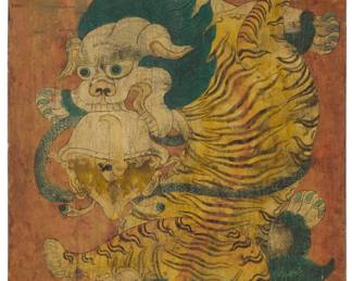 369 A Tibetan painted wood panel 19th century Pigment on canvas laid to wood, depicting a dragon, tiger, and snake Height 62 in., width 27 in., depth 3 3/4 in. Estimate: $500 - $700