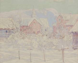 139 William Henry Singer Jr. (1868-1943) "Olden Church" (Winter), 1919 Oil on canvas Signed lower left: W.H. Singer Jr.; signed again, verso; titled and inscribed "43" on the stretcher; alternatively titled "Olden Village, Norway," on the certificate of authenticity; dated by repute 33 3/4 x 32 in. Estimate: $2,000 - $3,000
