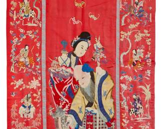 65 A Chinese embroidered red silk hanging of Shoulao and the Eight Immortals Late Qing dynasty (circa 1839–1912) or later A large red silk textile worked in polychrome silk embroidery and gilt wrapped threads, depicting Shoulao and Ba Xian, the Eight Immortals, the central figures wearing elaborately stitched clothing, each Immortal mounted on a mythical creature, and all surrounded by various branching trees and twining floral motifs in a landscape, as well as other auspicious motifs including peaches and bats, all fully lined in glazed cotton fabric 10 ft. 10 in. x 4 ft. 9 in. approximately Estimate: $5,000 - $7,000