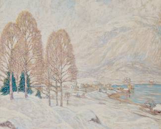137 William Henry Singer Jr. (1868-1943) Winter landscape near a lakeside town Oil on canvas Signed lower right: W H Singer Jr. 39 1/2 x 42 in. Estimate: $3,000 - $5,000