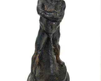 227 After Auguste Rodin (1840-1917) Nude study of Balzac Patinated bronze on stone plinth Signed in the casting: Rodin Height of bronze 30 in., width 12 1/2 in., depth 16 1/4 in.; height overall 32 in., width 12 3/4 in., depth 17 in. Estimate: $1,000 - $1,500