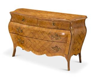 394 A Rococo style parquetry bombé commode Early 20th century With two shallow drawers above two larger, each with a gilt-bronze foliate pull Height 32 1/2 in., width 55 1/2 in., depth 22 in. Estimate: $800 - $1,000