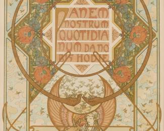 233 Alphonse Mucha (1860-1939) 5th prayer plate, from "Le Pater" folio, 1899 Lithograph in colors on Japan paper From the deluxe edition of only 10 examples on Japan paper (the total edition was 510) Appears unsigned; F. Champenois, Paris, France, prntr.; H. Piazza & Cie, Paris, France, pub. Sight: 14 5/8 x 11 in. Estimate: $500 - $700