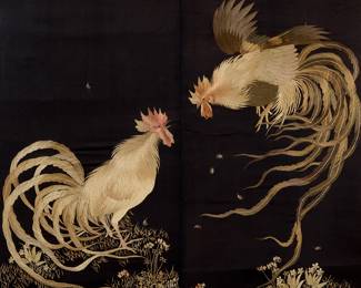 205 A Japanese embroidered textile of two roosters 19th century or later The figural embroidery depicting a pair of fighting roosters or cockerels amidst foliage and flowers, worked with polychrome silk thread on two panels of black silk fabric, mounted and framed under acrylic Sight 42 3/4 x 43 3/4 in. Estimate: $1,000 - $1,500