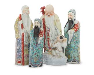 377 A group of four Chinese porcelain Sanxing deity figures 20th century Depicting Fu, Lu, and Shou, one with mounted with hair for the beard Three impressed with marks to underside 4 pieces Height of tallest 25 in., width 8 1/4 in., depth 7 in.; height of shortest 19 in., width 6 in., depth 4 1/2 in. Estimate: $800 - $1,200