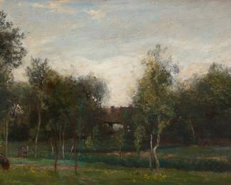 134 Constant Dutilleux (1807-1865) Farm scene Oil on canvas laid to canvas Unsigned 8 1/4 x 12 1/4 in. Estimate: $800 - $1,200