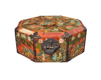 203 A Korean reverse painted oxhorn 'hwagak haem' box Late Joseon dynasty style, early 20th century The jewelry/accessories box depicting figural scenes to exterior, with brass cladding and lock, opening to reveal a red felt-lined interior tray which lifts out to show nine smaller removeable compartments Height 4 1/4 in., width 10 1/8 in., depth 11 in. Estimate: $1,000 - $2,000