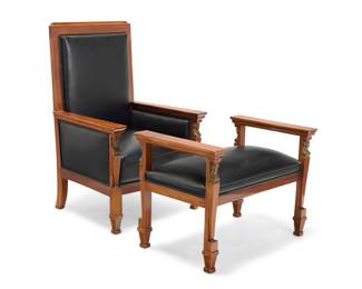 165 An Empire style gilt bronze mounted mahogany armchair and bench 20th century With leather upholstered seatbacks and seats 2 pieces Height of chair 44 1/2 in., width 29 in., depth 27 in.; height of bench 24 1/4 in., width 33 in., depth 21 1/4 in. Estimate: $600 - $800