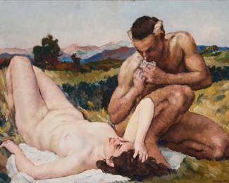 256 Louise d'Aussy Pintaud (1900-1990) "Chanson D'Amour" Oil on canvas Signed lower right: d'Aussy-Pintaud; signed again and titled in ink on a partial label affixed to the stretcher 38 x 51 in. Estimate: $2,000 - $3,000