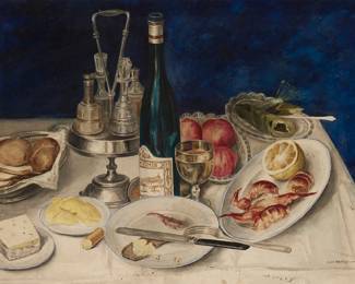 125 20th Century German Still life Tabletop still life, 1914 Watercolor on paper Inscribed and/or signed, partially indistinctly, and dated lower right: Onkel Otto Krie[indistinct] 1914 Sight: 18 3/4 x 27 3/4 in. Estimate: $500 - $700