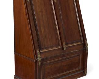 329 A Victorian brass mounted mahogany folio cabinet Late 19th century The locking drop front with hinged supports opening to reveal a felt-lined interior with dividers, above a lower locking cabinet Height 55 in., width 41 1/2 in., depth 21 in.; open depth 60 in. Estimate: $600 - $800