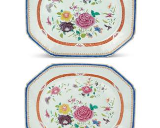 325 A pair of Chinese Export porcelain platters 19th century Decorated with floral sprays Each unmarked 2 pieces Each 14 3/4 x 18 1/4 in. Estimate: $600 - $800