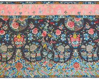 62 A Chinese embroidered silk 'Hundred Antiques' textile Qing dynasty, with possible 18th/19th century elements The four-panel hanging worked on black and pink silk in polychrome embroidery in silk and gilt metal threads, featuring an overall 'Hundred Antiques' decoration with multiple auspicious motifs including antiquities, scholars' objects, and other three-dimensional decorative arts items, with additional stylized floral, fruit, bat, fish, and insect motifs and a 'Lishui' border of stylized mountain peaks, sea-waves and deep water 42 x 65 1/2 in. approximately Estimate: $2,000 - $3,000