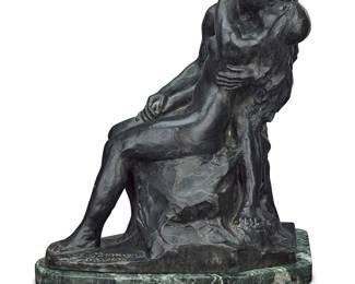 228 Alfred Laliberté (1878-1953) "Le premier baiser" Patinated bronze on marble plinth Edition: 1/6 Signed and titled in the casting: A Laliberte; incised edition Height of bronze 17 in., width 16 1/2 in., depth 11 1/2 in.; height overall 18 1/4 in., width 18 3/4 in., depth 12 in. Estimate: $1,000 - $2,000