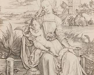 81 Albrecht Durer (1471-1528) "Virgin and Child with the Monkey," circa 1498 Engraving on off-white wove paper without watermark From the edition of unknown size and date, a Meder i (of i, or later) impression, printed later With the artist's monogram printed near the center of the lower plate edge Plate: 7 1/2 x 5 1/2 in.; Sheet: 11 1/4 x 6 7/8 in. Estimate: $800 - $1,200