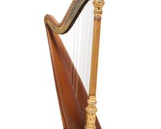 272 A Sweetland bird's eye maple harp Early 20th century The double-action pedal harp with 45 strings and 7 pedals painted and gilt with floral motifs, the fluted columnar front with gilt foliate elements Marked: SWEETLAND / CHICAGO U.S.A. / STYLE 21 / NO. 751 Height 69 in., width 38 in., depth 20 in. Estimate: $1,500 - $2,500