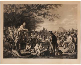 302 After George Caleb Bingham (1811-1879) "Stump Speaking," by Louis-Adolphe Gautier, 1856 Engraving and mezzotint on wove paper laid to board From the edition of unknown size With the painter's, engraver's, and publisher's names, as well as the title, copyright information, and date all engraved in the blank of the plate below the image; Goupil & Co., New York, NY, pub. Image: 22 1/4 x 30 3/8 in.; Sheet: 26 x 33 in. Estimate: $1,500 - $2,000