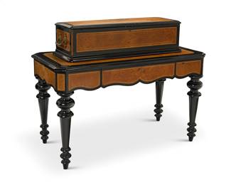 264 A Mojon Manger Piccolo music box Circa 1875; Geneva, Switzerland The interchangeable mandolin music box with single comb, ebonized interior with dust lid and stay, and tune-sheet, housed in a Thuya burlwood-veneered case with wide molded ebonized edge and mother of pearl inlaid accent to lid, raised on a conforming table stand with single locking drawer storing three additional cylinders Affixed label reads: Restored by Heavenly Music, Music Box Restoration, 696 Ramona Avenue, Sierra Madre, CA 91024 Height of box 9 1/2 in., width 36 in., depth 14 1/2 in. Estimate: $3,000 - $5,000