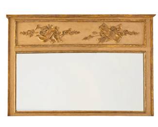 159 A Louis XVI style overmantel trumeau mirror Late 19th century The tableau decorated with two carved giltwood musical trophies on a cream-painted ground Height 40 1/4 in., width 60 1/4 in., depth 1 7/8 in. Estimate: $800 - $1,000
