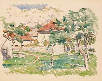 355 Paul Rivoire (1902-1984) "Triminis - Le Serre et Grand Ferrand" (Village near Triminis, The Greenhouse and Grand Ferrand) Watercolor on paper Signed and titled lower left: Paul Rivoire Sight: 18 x 24 1/2 in. Estimate: $600 - $800