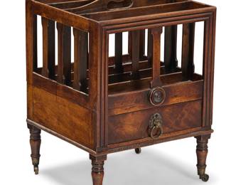 305 A late Regency/early William IV mahogany canterbury Early 19th century The single drawer with lion mask ring pull, raised on casters Height 23 3/4 in., width 18 in., depth 16 3/4 in. Estimate: $800 - $1,200