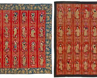 64 Two Chinese embroidered silk hangings of Chinese Opera figures Late Qing/Republic period (circa 1840-1949) Each hanging worked on red silk with polychrome silk and gilt wrapped threads, each featuring twenty-four figures of characters from Chinese Opera stories, each figure surrounded by fretwork and floral motifs, the smaller hanging with an embroidered blue silk border featuring auspicious symbols The larger 5 ft. 11 1/2 in. x 4 ft. 5 1/2 in.; The smaller 5 ft. 8 1/2 in. x 5 ft. 1 1/2 in. Estimate: $1,500 - $2,500
