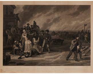 303 After George Caleb Bingham (1811-1879) "Martial Law," by John Sartain, 1872 Engraving and mezzotint on wove paper laid to heavier wove paper From the edition of unknown size, with the word "Proof" engraved in the blank at lower right Signed in pencil by the engraver in the blank of the plate below the image, lower right: John Sartain; with the painter's, engraver's, and publisher's names, as well as the title, text, copyright information, and date all engraved in the blank of the plate below the image; Geo C. Bingham & Co., Columbia and Kansas City, MO, pub. Image: 21 5/8 x 31 in.; Sheet: 25 1/4 x 34 7/8 in. Estimate: $2,000 - $3,000