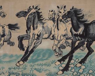 384 A Chinese wall mounted textile after Xu Beihong (1895-1952) Circa 1984 The hand-knotted silk pile textile featuring running horses in a landscape, professionally mounted on a fabric-covered backboard, and encased in a custom acrylic frame Sight: 3 ft. 4 1/2 in. x 6 ft. 6 in. approximately Estimate: $600 - $800