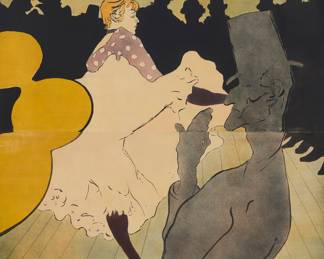 224 Henri de Toulouse-Lautrec (1864-1901) "Moulin Rouge, La Goulue," 1891 Lithograph in colors on two joined sheets of thin wove paper, as issued, laid to linen-backed paper One of only a few known impressions of this version, without the additional large red advertising text in the lower half With the artist's signature, and the printer's name and address, each printed within the lower left and right corners of the image, respectively; printed by Affiches Américaines, Charles Lévy, Paris, France; commissioned by the city's recently opened Moulin Rouge cabaret nightclub; the French government's octagonally-shaped poster/advertising tax stamp applied in black ink to the lower right corner of the poster's lower sheet Image: 65 5/8 x 45 5/8 in.; Sheet: 67 x 46 3/4 in. Estimate: $40,000 - $60,000