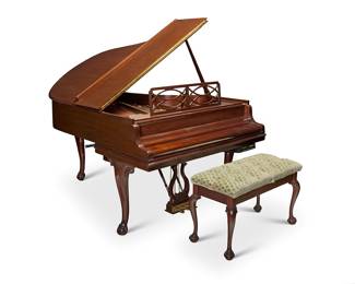 271 A Steinway & Sons mahogany model 'M' baby grand piano Circa 1997, serial number M 538952 Inscribed above the keyboard: Steinway & Sons; further inscribed to metal plaque: THE CROWN JEWEL COOLLECTION; the harp with serial number The 88-key piano housed in a mahogany case, raised on three cabriole legs with ball and claw feet, together with a conforming upholstered bench Installed with a PianoDisc PDS-128Plus player piano system, electrified Piano closed: 38.5" H x 57" W x 67" D: Bench: 22" H x 37.5" W x 17" D Estimate: $3,000 - $5,000
