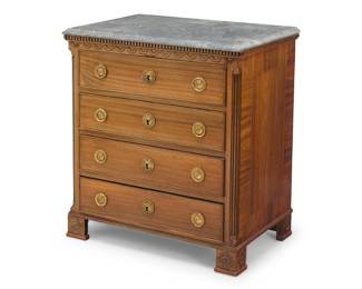 164 A Danish mahogany chest Late 18th century with later elements With an associated later gray marble top over four graduated locking drawers, each with two brass ring pulls Height 31 1/2 in., width 27 1/2 in., depth 18 1/4 in. Estimate: $500 - $700