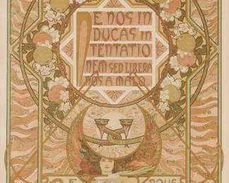 235 Alphonse Mucha (1860-1939) 7th prayer plate, from "Le Pater" folio, 1899 Lithograph in colors on Japan paper From the deluxe edition of only 10 examples on Japan paper (the total edition was 510) Appears unsigned; F. Champenois, Paris, France, prntr.; H. Piazza & Cie, Paris, France, pub. Sight: 14 3/4 x 11 1/8 in. Estimate: $500 - $700