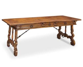 92 A Spanish Baroque style carved walnut library table 19th century With three drawers above fratino-style lyre-form supports joined by wrought-iron stretchers Height 30 1/2 in., width 79 3/4 in., depth 32 1/4 in. Estimate: $600 - $800