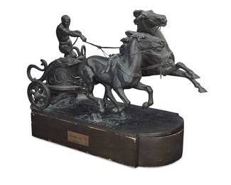 178 Albert Hinrich Hussmann (1874-1946) Chariot figural group Patinated bronze on wood plinth Signed in the casting: A H Hussmann; foundry mark: AKT.Ges.Gladenbeck.Berlin. D 5063 Height of bronze 15 1/2 in., width 29 1/2 in., depth 12 3/4 in.; height of plinth 4 in., width 25 1/2 in., depth 11 1/4 in. Estimate: $1,500 - $2,500