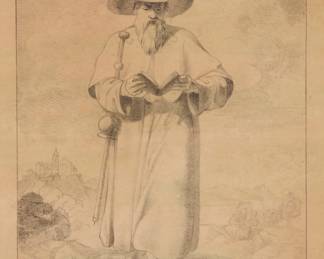 296 Early 19th Century European Drawing Benedictine Camaldolese monk Pencil on paper Indistinctly signed, inscribed, and dated, "25 Ocktober 1834," in pencil in a combination of the lower left corner of the image (in reverse), and the lower margin, at right, respectively Sight: 12 1/2 x 9 1/2 in. Estimate: $400 - $600