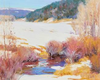 354 Marlin Linville (1950-2001) Creek in a winter landscape Oil on canvas Signed lower right: Linville 16 x 20 in. Estimate: $800 - $1,200