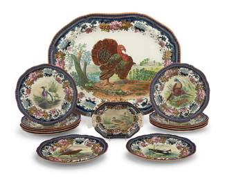 323 A Spode Copeland ironstone 'Upland Game' service Late 19th century Comprising: Woodland turkey platter (23 1/2 x 18 1/2 in.) 12 plates depicting fowl (diameters 10 1/4-10 3/8 in.) A sauceboat stand (8 1/4 x 6 1/4 in.) Turkey platter with underglaze black 'Frank's Boat Mark'; others variously stamped or impressed with factory marks 15 pieces Estimate: $1,000 - $1,500