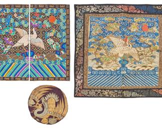 52 A trio of Chinese embroidered rank badges and a roundel Mid/late Qing dynasty (circa 1839-1912) or later Three works comprising an early square rank badge with a central multicolored woven image featuring a central crane motif amid auspicious motifs, stylized clouds, waves, and deep water, with an embroidered floral scroll motif border, possibly for a First Rank civil official, together with a later two-piece rank badge featuring a central silver pheasant surrounded by similar auspicious and wave motifs, all worked in multicolored silk and gilt metal thread embroidery, with a border of bat motifs, possibly for a Fifth Rank civil official, and a circular crane motif roundel, embroidered with gilt-metal thread on black fabric 4 pieces Square badge 13 3/4 x 14 5/8 in.; Two-piece badge each piece 11 3/8 x 6 in.; Roundel diameter 6 1/4 in. approximately Estimate: $1,200 - $1,800